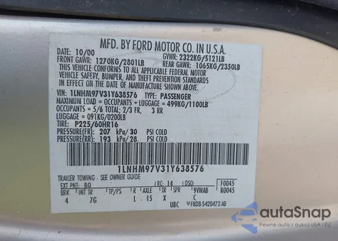 2001 Lincoln Continental from USA, damaged, VIN 1LNHM97V31Y638576